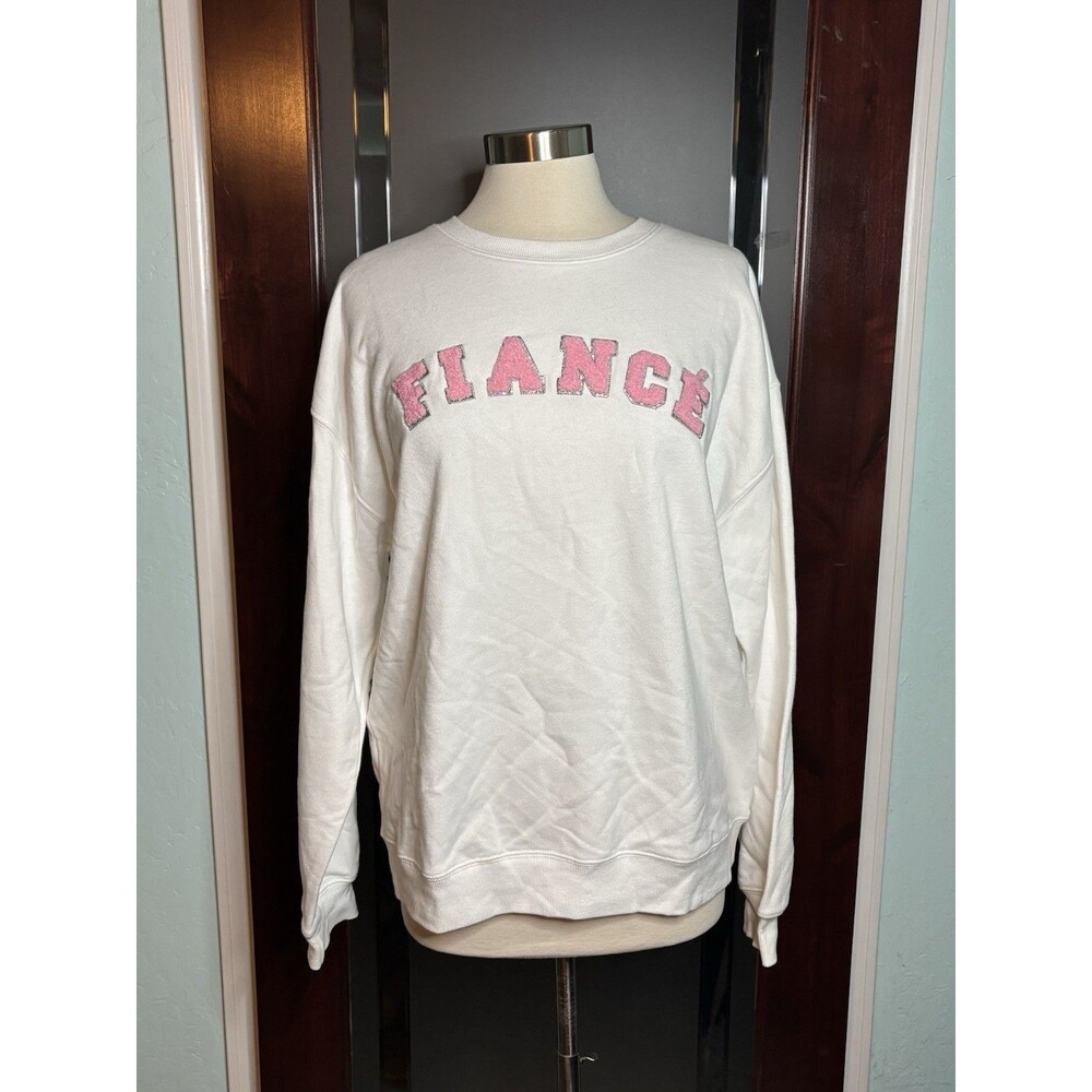 Goodie Two Sleeves White Pink Engagement Announcement FIANCÉ Sweatshirt Large